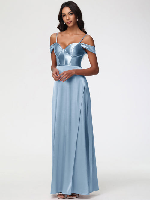 Dusty Blue Bridesmaids Off The Shoulder Sweetheart Spaghetti Straps Long Stretch Satin Bridesmaid Dress
