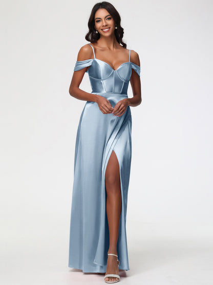 Dusty Blue Bridesmaids Off The Shoulder Sweetheart Spaghetti Straps Long Stretch Satin Bridesmaid Dress