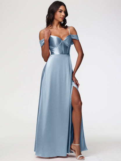 Dusty Blue Bridesmaids Off The Shoulder Sweetheart Spaghetti Straps Long Stretch Satin Bridesmaid Dress