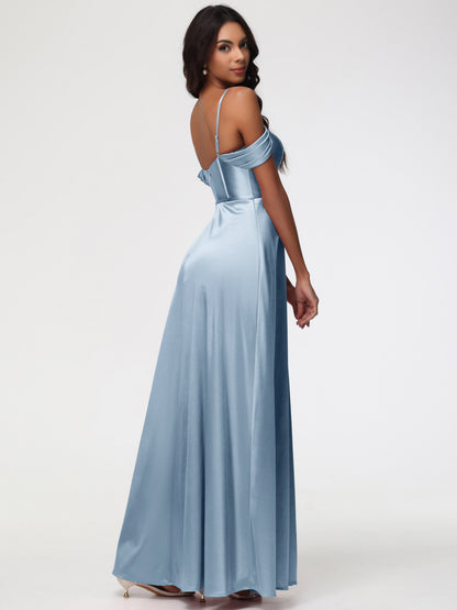 Dusty Blue Bridesmaids Off The Shoulder Sweetheart Spaghetti Straps Long Stretch Satin Bridesmaid Dress