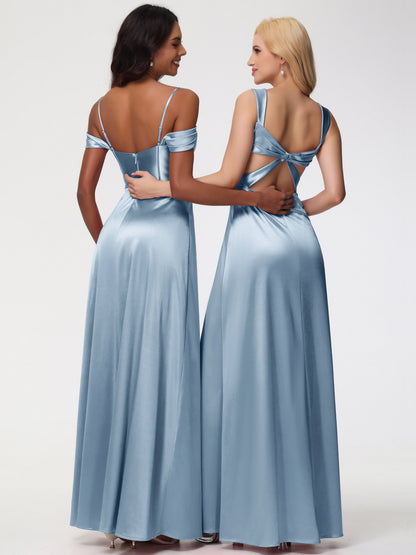 Dusty Blue Bridesmaids Off The Shoulder Sweetheart Spaghetti Straps Long Stretch Satin Bridesmaid Dress