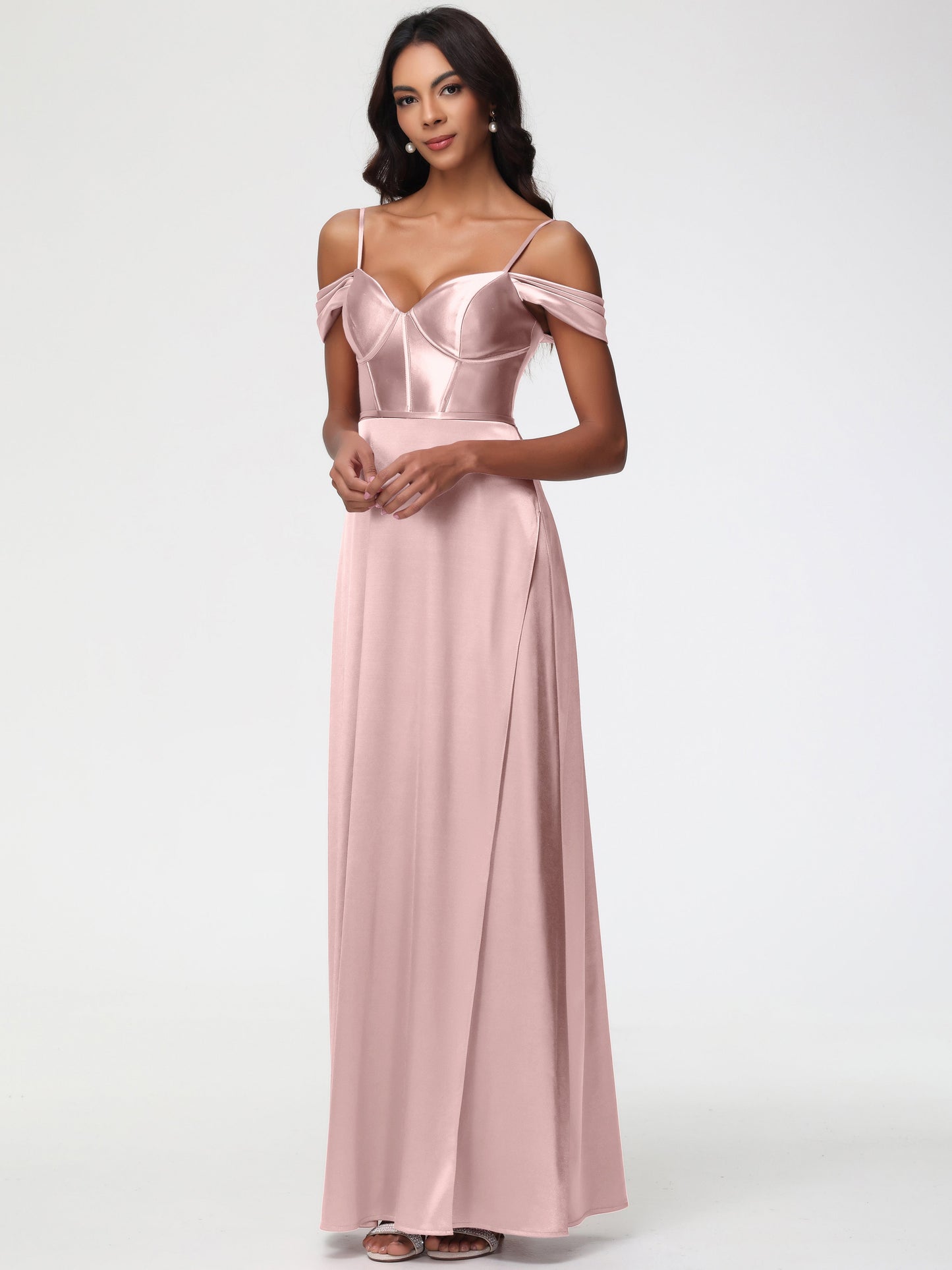 Dusty Rose Bridesmaid Dresses Off The Shoulder Sweetheart Spaghetti Straps Long Stretch Satin Bridesmaid Dress