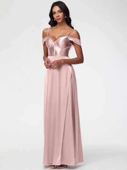 Dusty Rose Bridesmaid Dresses Off The Shoulder Sweetheart Spaghetti Straps Long Stretch Satin Bridesmaid Dress