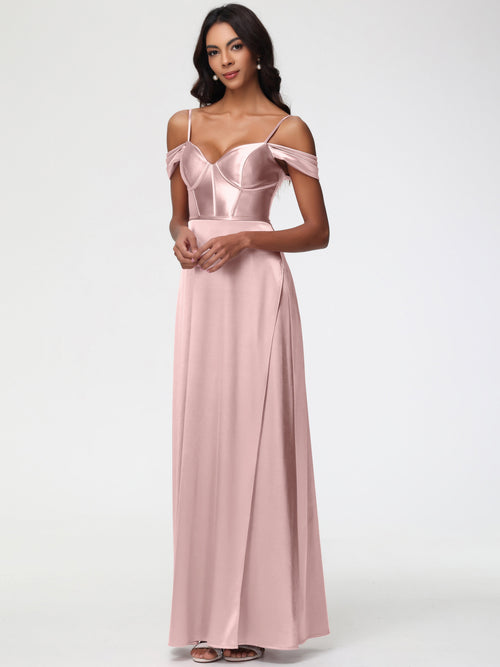 Dusty Rose Bridesmaid Dresses Off The Shoulder Sweetheart Spaghetti Straps Long Stretch Satin Bridesmaid Dress