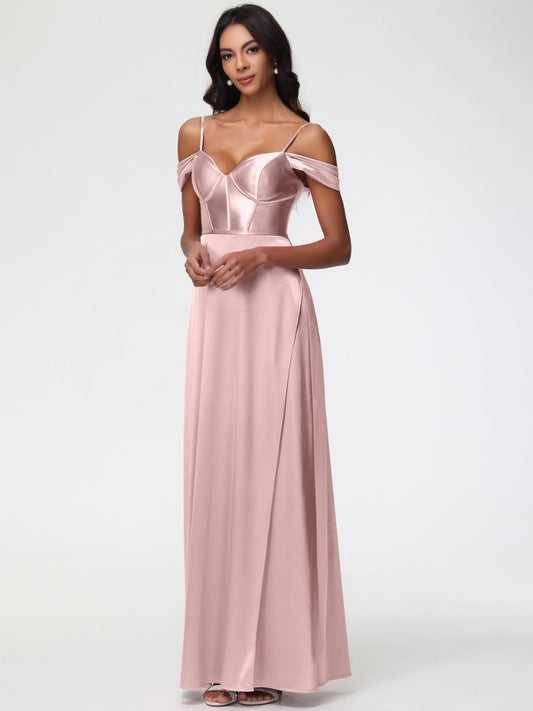Dusty Rose Bridesmaid Dresses Off The Shoulder Sweetheart Spaghetti Straps Long Stretch Satin Bridesmaid Dress