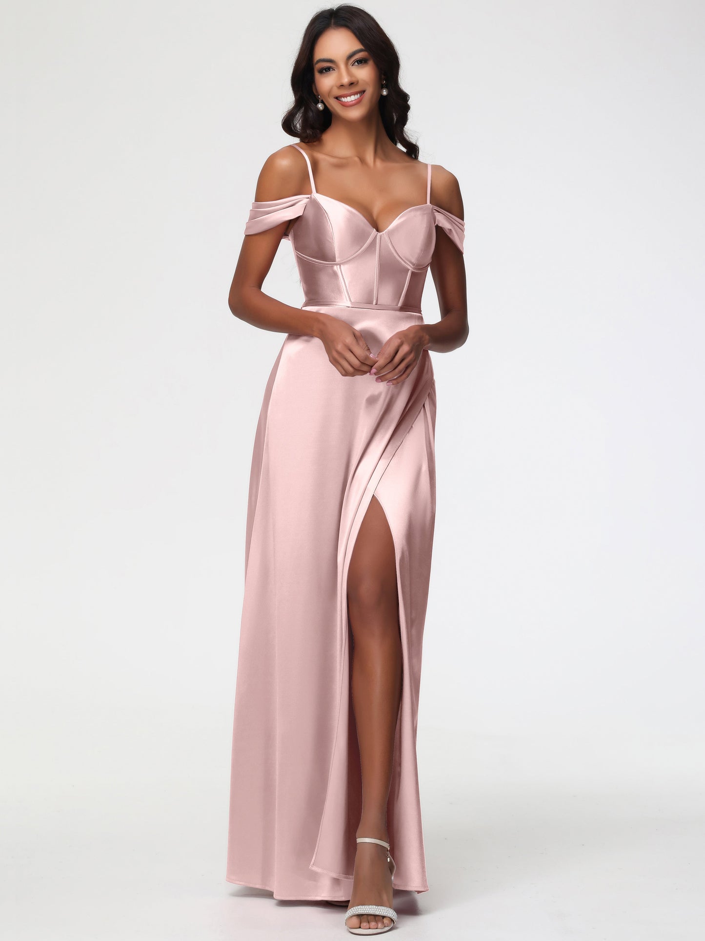 Dusty Rose Bridesmaid Dresses Off The Shoulder Sweetheart Spaghetti Straps Long Stretch Satin Bridesmaid Dress