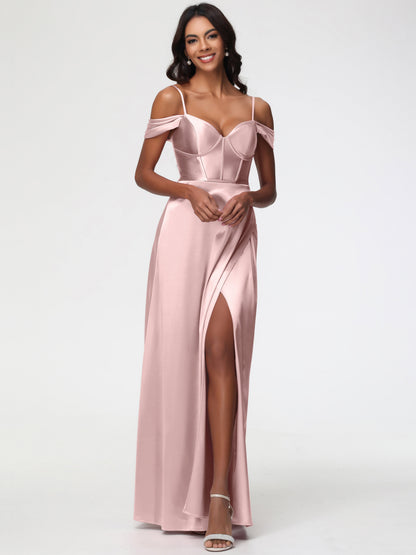 Dusty Rose Bridesmaid Dresses Off The Shoulder Sweetheart Spaghetti Straps Long Stretch Satin Bridesmaid Dress