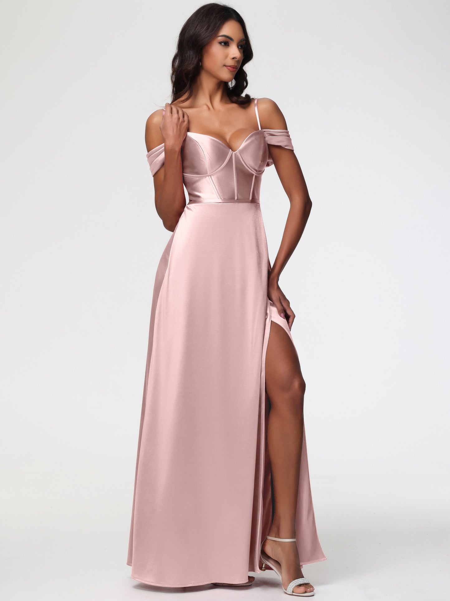 Dusty Rose Bridesmaid Dresses Off The Shoulder Sweetheart Spaghetti Straps Long Stretch Satin Bridesmaid Dress