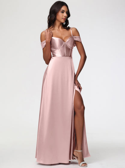 Dusty Rose Bridesmaid Dresses Off The Shoulder Sweetheart Spaghetti Straps Long Stretch Satin Bridesmaid Dress