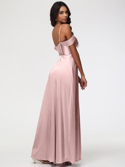 Dusty Rose Bridesmaid Dresses Off The Shoulder Sweetheart Spaghetti Straps Long Stretch Satin Bridesmaid Dress