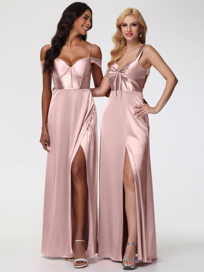 Dusty Rose Bridesmaid Dresses Off The Shoulder Sweetheart Spaghetti Straps Long Stretch Satin Bridesmaid Dress