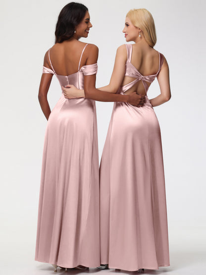 Dusty Rose Bridesmaid Dresses Off The Shoulder Sweetheart Spaghetti Straps Long Stretch Satin Bridesmaid Dress
