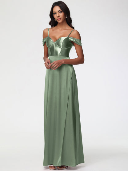 Dusty Sage Bridesmaids Dresses Off The Shoulder Sweetheart Spaghetti Straps Long Stretch Satin Bridesmaid Dress