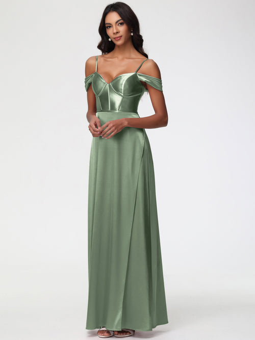 Dusty Sage Bridesmaids Dresses Off The Shoulder Sweetheart Spaghetti Straps Long Stretch Satin Bridesmaid Dress