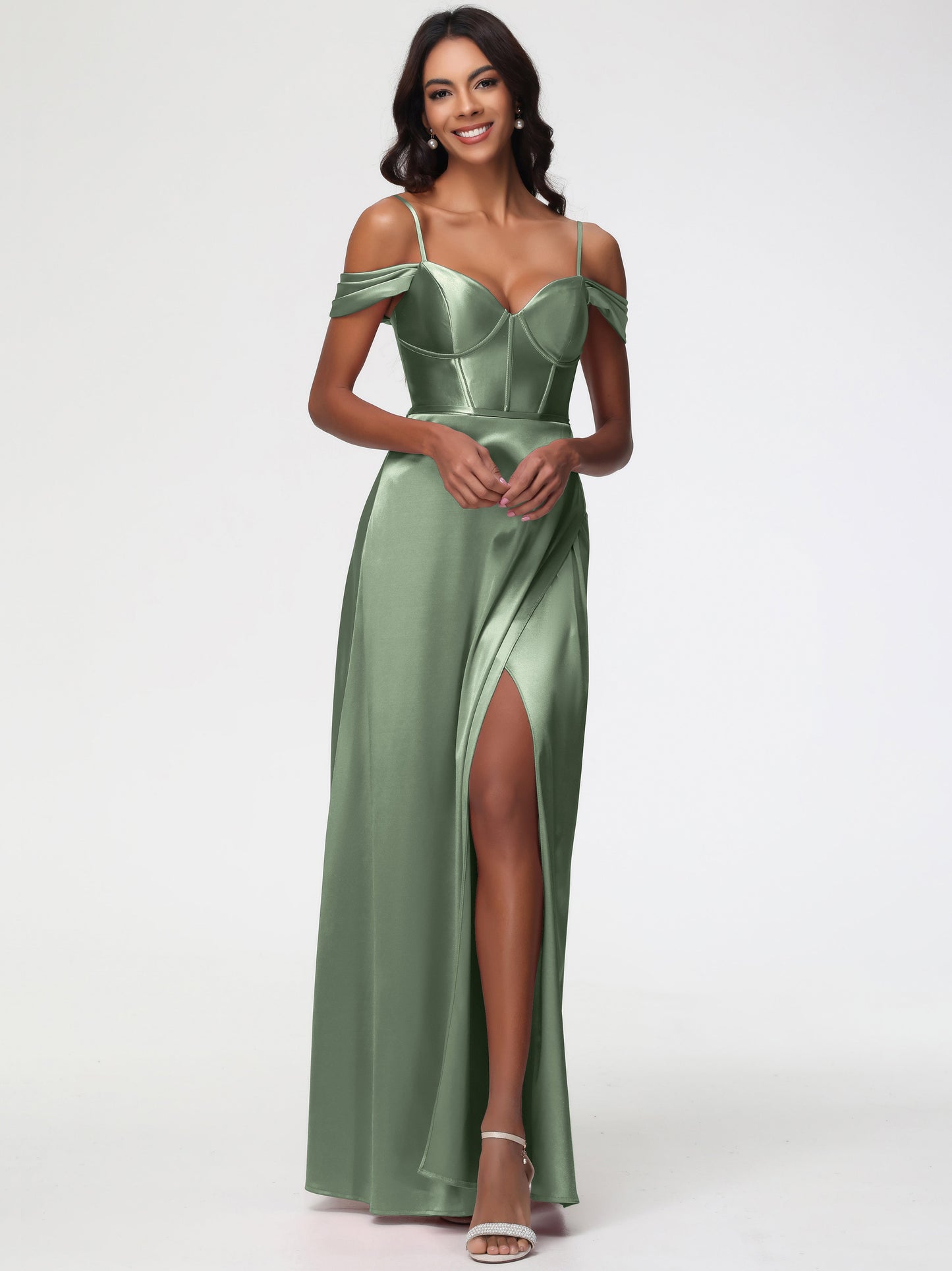 Dusty Sage Bridesmaids Dresses Off The Shoulder Sweetheart Spaghetti Straps Long Stretch Satin Bridesmaid Dress