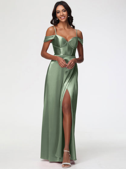 Dusty Sage Bridesmaids Dresses Off The Shoulder Sweetheart Spaghetti Straps Long Stretch Satin Bridesmaid Dress