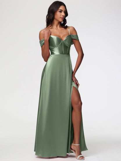 Dusty Sage Bridesmaids Dresses Off The Shoulder Sweetheart Spaghetti Straps Long Stretch Satin Bridesmaid Dress
