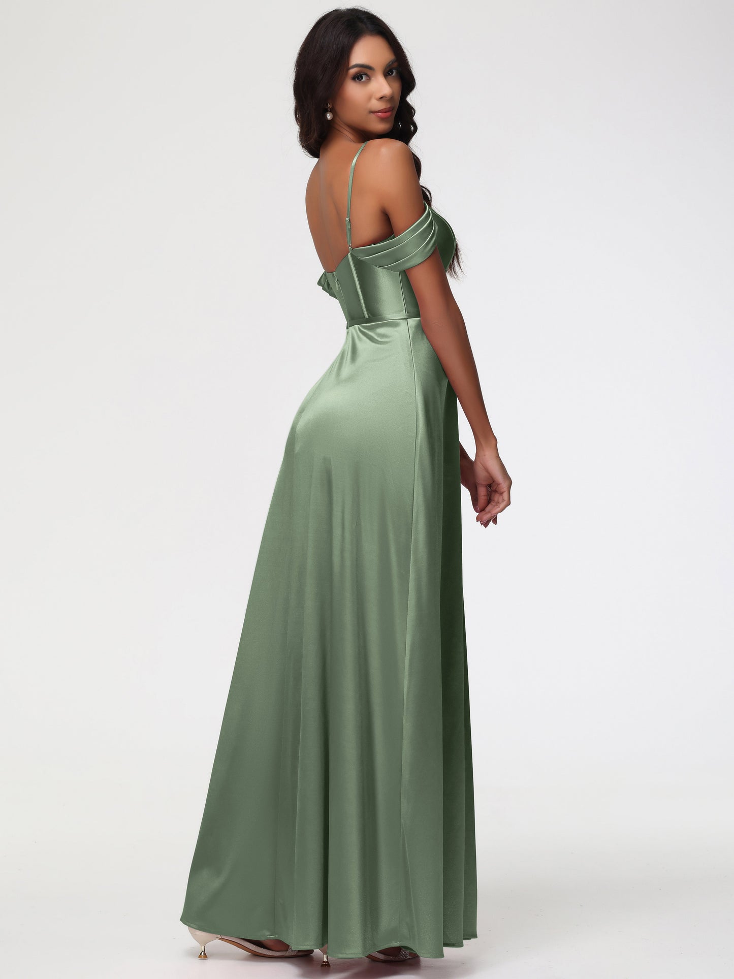Dusty Sage Bridesmaids Dresses Off The Shoulder Sweetheart Spaghetti Straps Long Stretch Satin Bridesmaid Dress