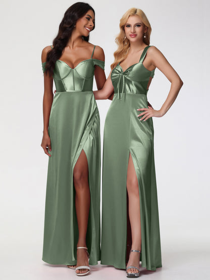 Dusty Sage Bridesmaids Dresses Off The Shoulder Sweetheart Spaghetti Straps Long Stretch Satin Bridesmaid Dress