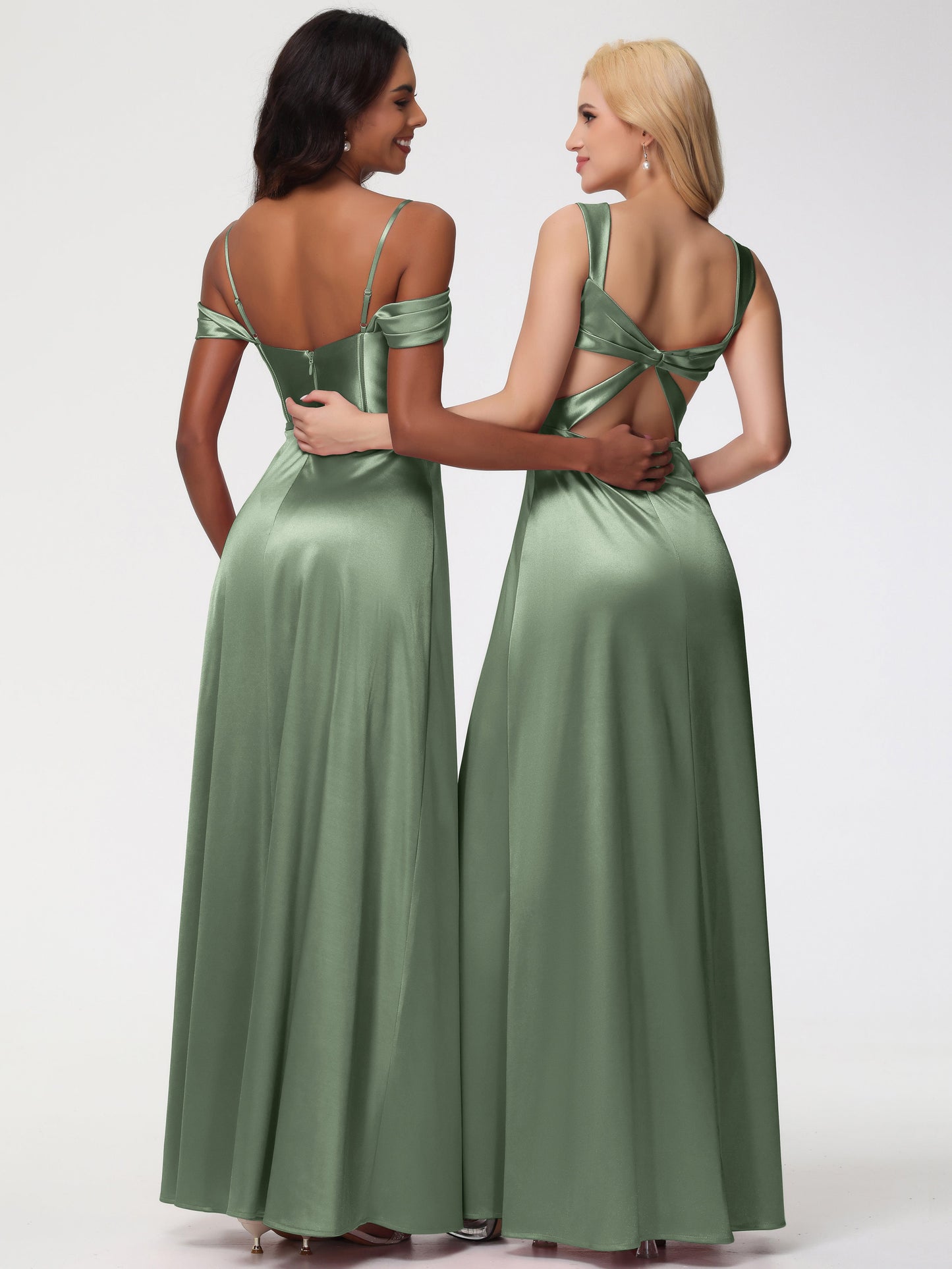 Dusty Sage Bridesmaids Dresses Off The Shoulder Sweetheart Spaghetti Straps Long Stretch Satin Bridesmaid Dress