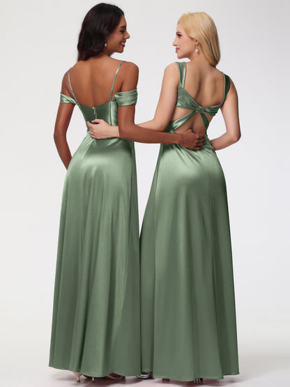 Dusty Sage Bridesmaids Dresses Off The Shoulder Sweetheart Spaghetti Straps Long Stretch Satin Bridesmaid Dress