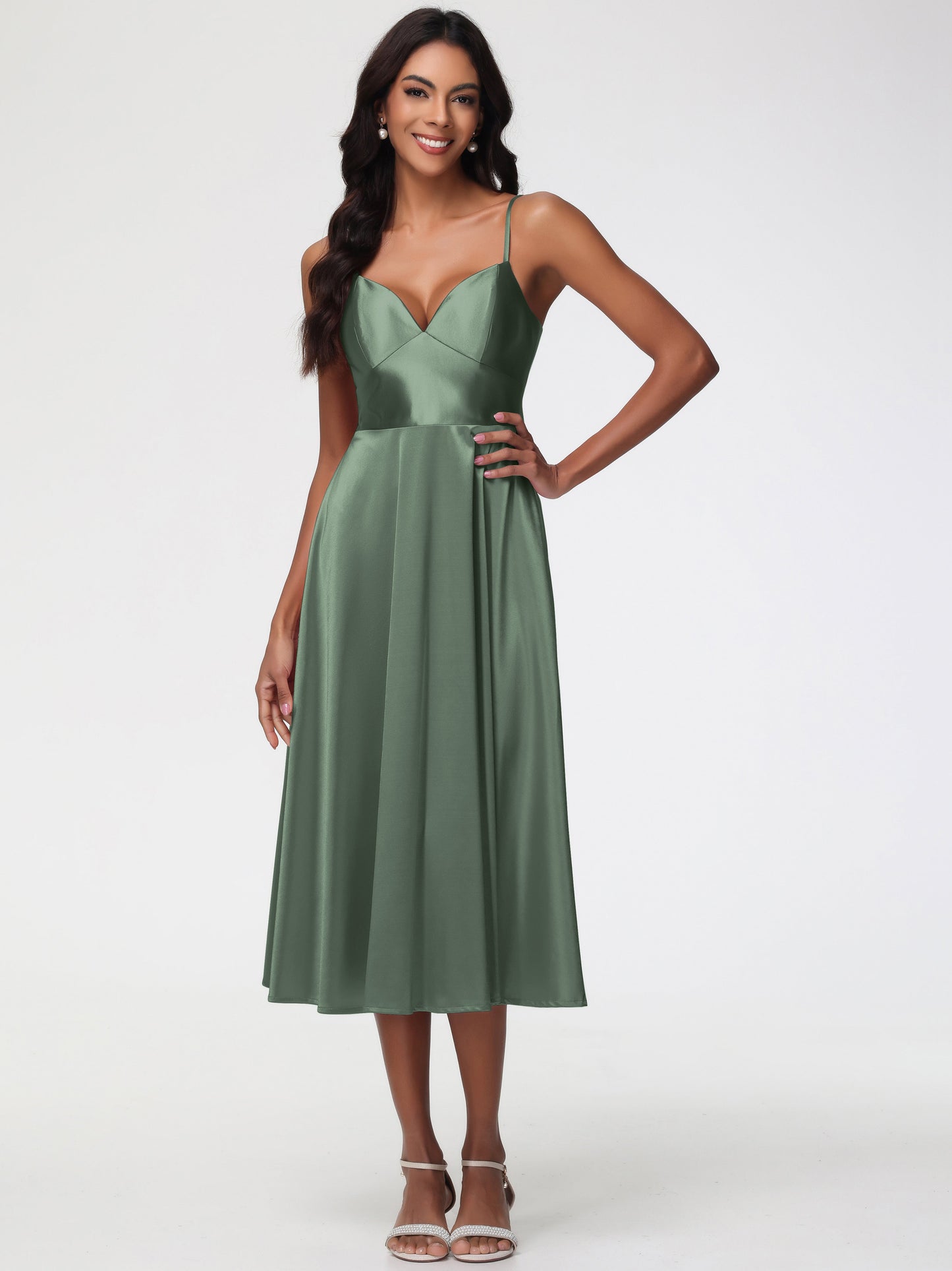 Olive Green Short Bridesmaid Dresses Stretch Satin Simple A Line Spaghetti Straps Tea Length Bridesmaid Dress