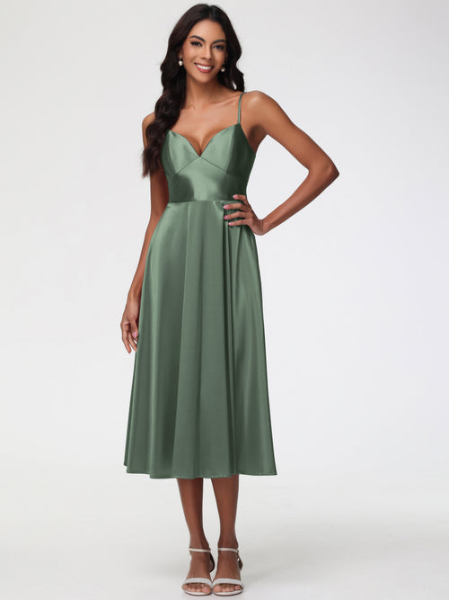Olive Green Short Bridesmaid Dresses Stretch Satin Simple A Line Spaghetti Straps Tea Length Bridesmaid Dress