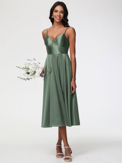 Olive Green Short Bridesmaid Dresses Stretch Satin Simple A Line Spaghetti Straps Tea Length Bridesmaid Dress
