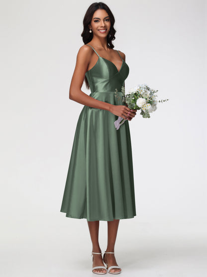 Olive Green Short Bridesmaid Dresses Stretch Satin Simple A Line Spaghetti Straps Tea Length Bridesmaid Dress