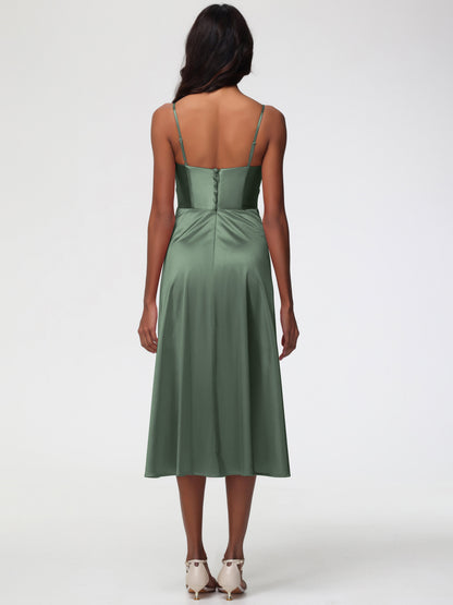 Olive Green Short Bridesmaid Dresses Stretch Satin Simple A Line Spaghetti Straps Tea Length Bridesmaid Dress