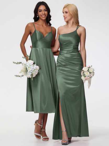 Olive Green Short Bridesmaid Dresses Stretch Satin Simple A Line Spaghetti Straps Tea Length Bridesmaid Dress