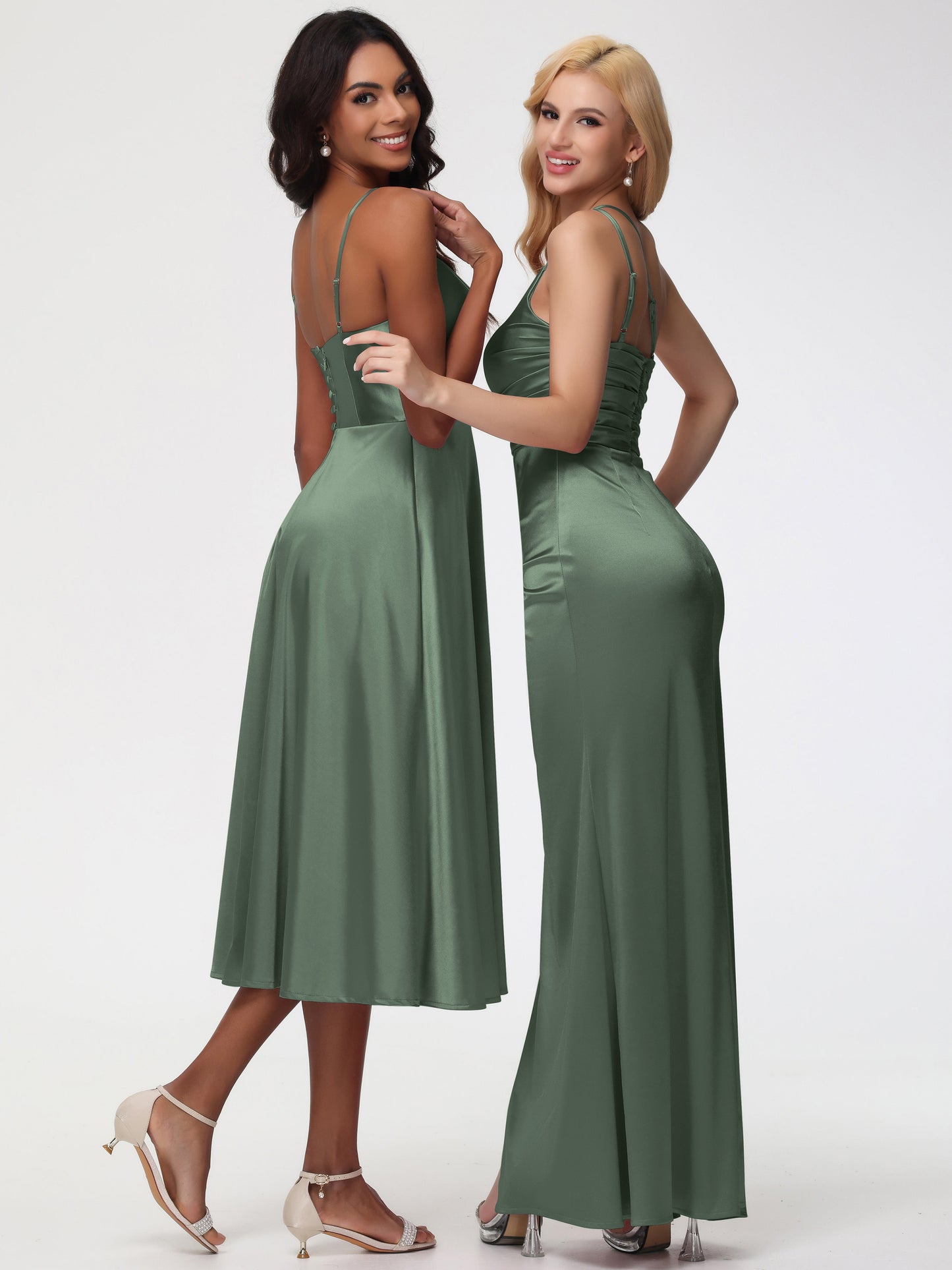 Olive Green Short Bridesmaid Dresses Stretch Satin Simple A Line Spaghetti Straps Tea Length Bridesmaid Dress