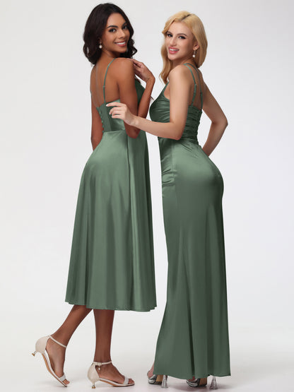 Olive Green Short Bridesmaid Dresses Stretch Satin Simple A Line Spaghetti Straps Tea Length Bridesmaid Dress