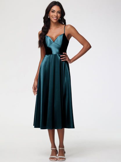 Peacock Blue Bridesmaid Dresses Stretch Satin Simple A Line Spaghetti Straps Tea Length Bridesmaid Dress