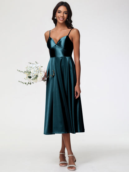 Peacock Blue Bridesmaid Dresses Stretch Satin Simple A Line Spaghetti Straps Tea Length Bridesmaid Dress