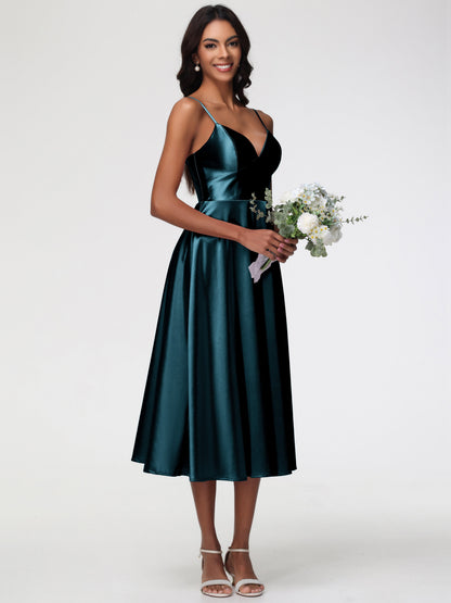 Peacock Blue Bridesmaid Dresses Stretch Satin Simple A Line Spaghetti Straps Tea Length Bridesmaid Dress