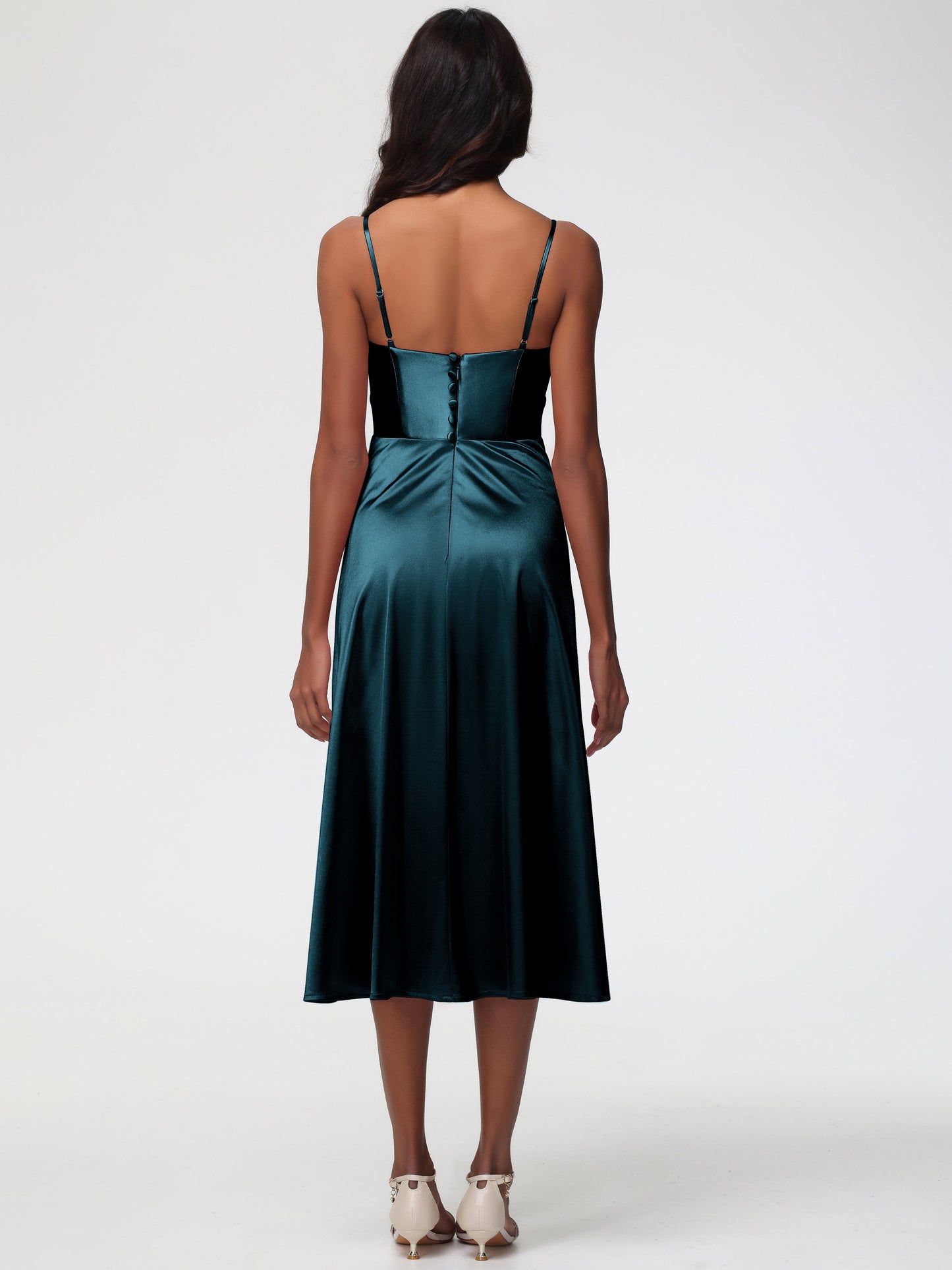 Peacock Blue Bridesmaid Dresses Stretch Satin Simple A Line Spaghetti Straps Tea Length Bridesmaid Dress