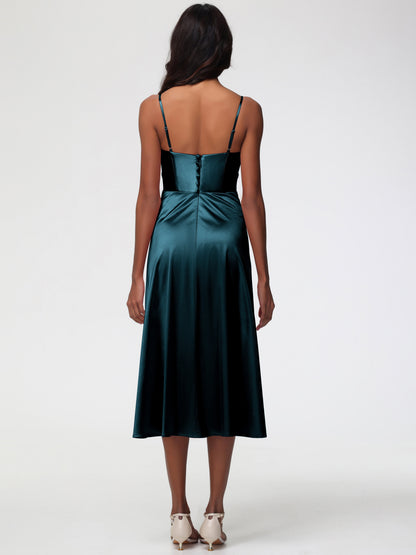 Peacock Blue Bridesmaid Dresses Stretch Satin Simple A Line Spaghetti Straps Tea Length Bridesmaid Dress