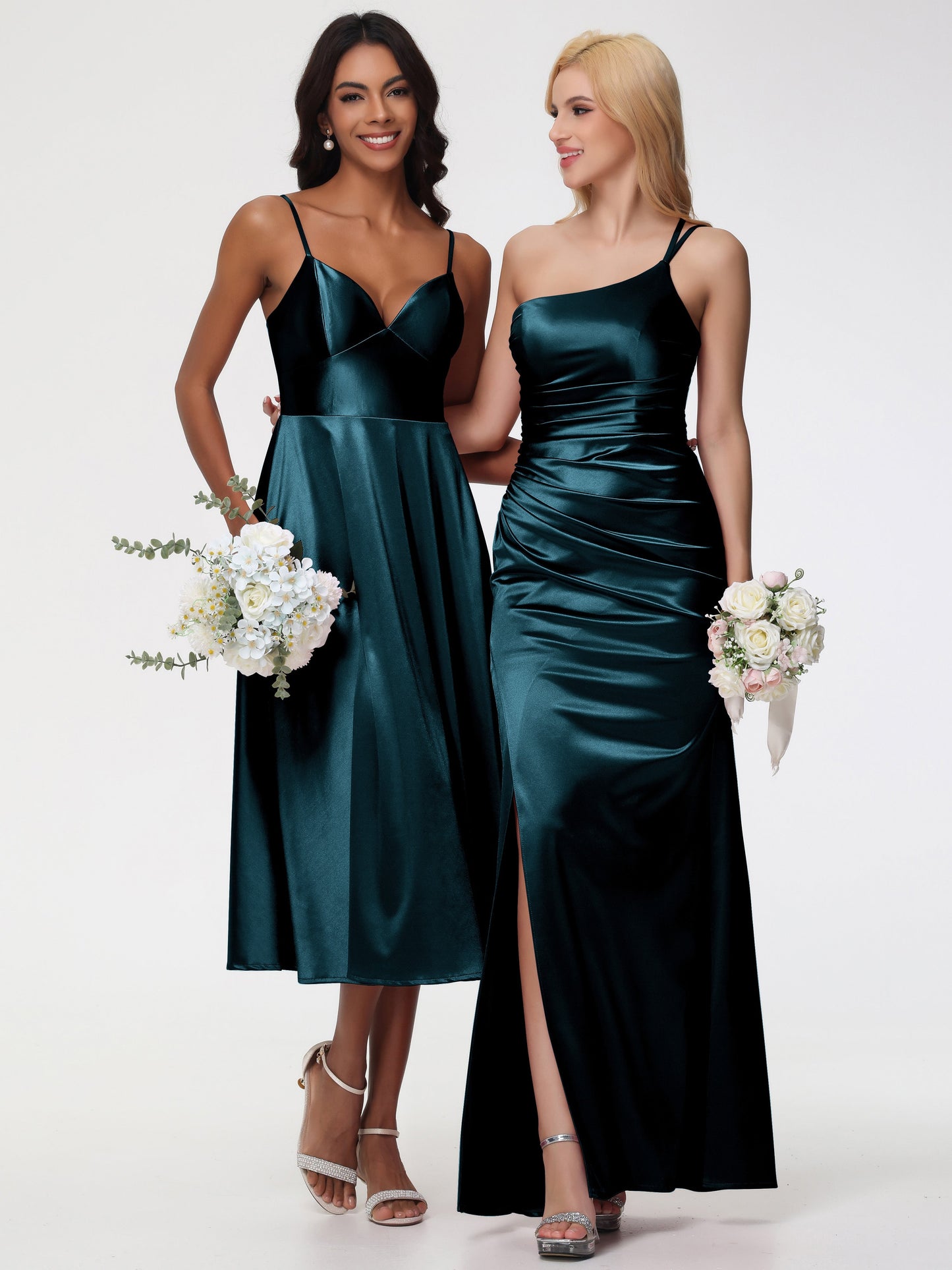 Peacock Blue Bridesmaid Dresses Stretch Satin Simple A Line Spaghetti Straps Tea Length Bridesmaid Dress