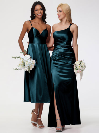 Peacock Blue Bridesmaid Dresses Stretch Satin Simple A Line Spaghetti Straps Tea Length Bridesmaid Dress