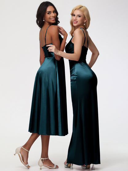 Peacock Blue Bridesmaid Dresses Stretch Satin Simple A Line Spaghetti Straps Tea Length Bridesmaid Dress