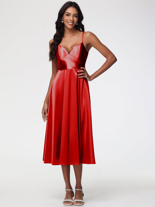 Red Bridesmaid Dresses Girls Stretch Satin Simple A Line Spaghetti Straps Tea Length Bridesmaid Dress