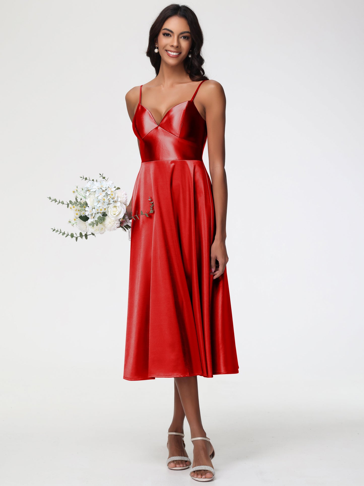 Red Bridesmaid Dresses Girls Stretch Satin Simple A Line Spaghetti Straps Tea Length Bridesmaid Dress