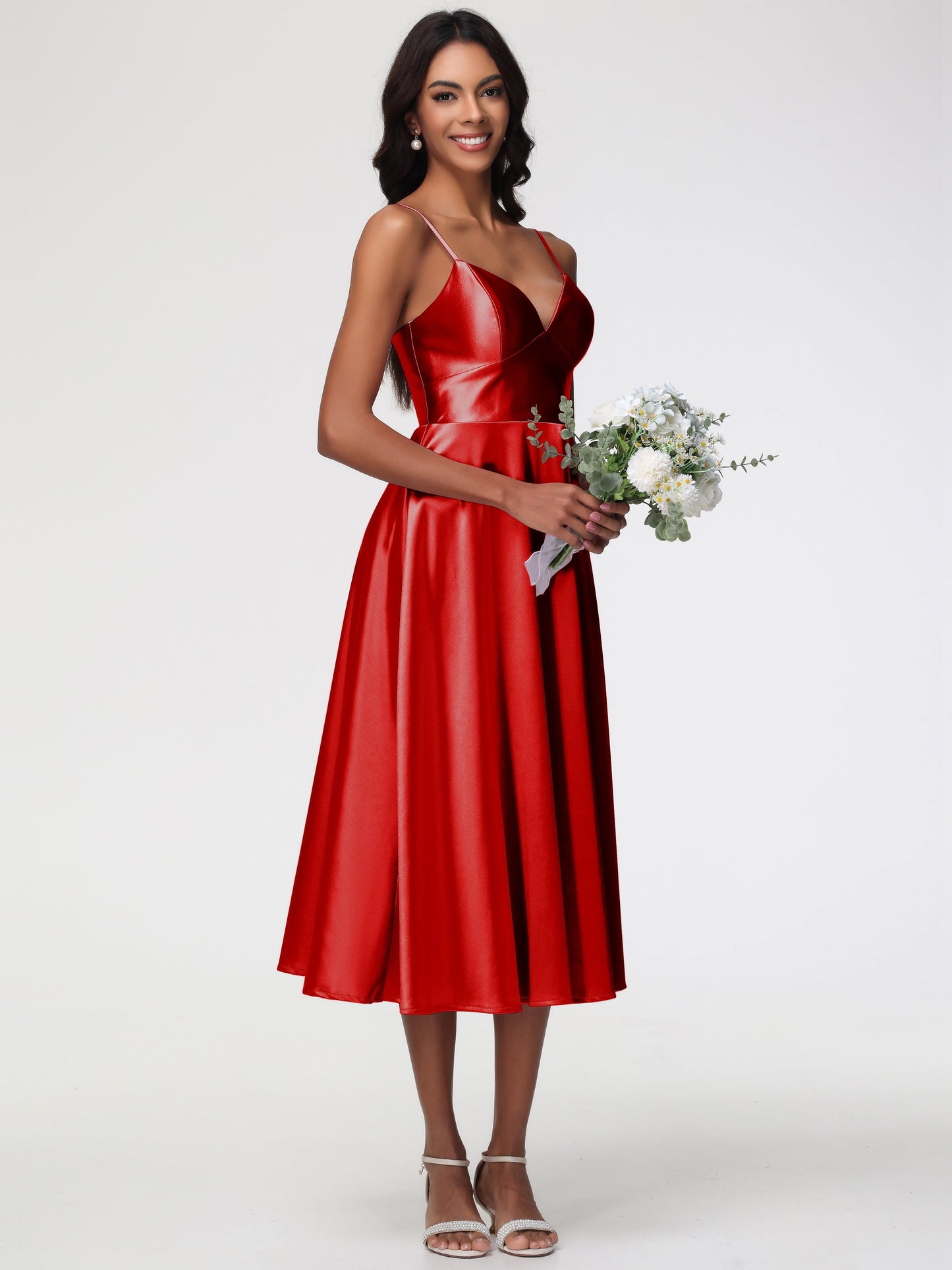 Red Bridesmaid Dresses Girls Stretch Satin Simple A Line Spaghetti Straps Tea Length Bridesmaid Dress