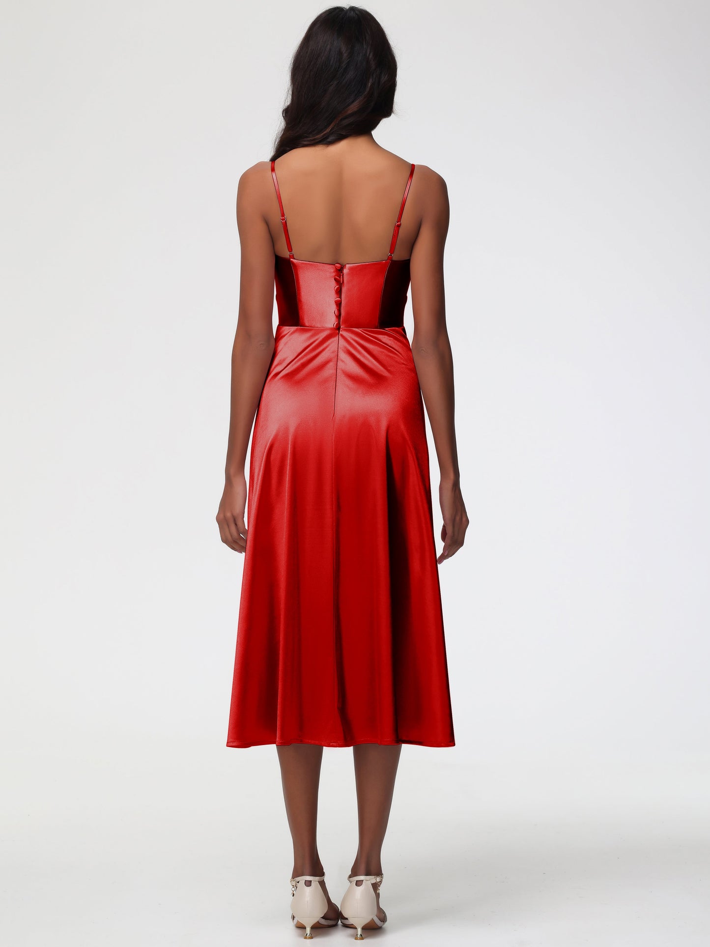 Red Bridesmaid Dresses Girls Stretch Satin Simple A Line Spaghetti Straps Tea Length Bridesmaid Dress