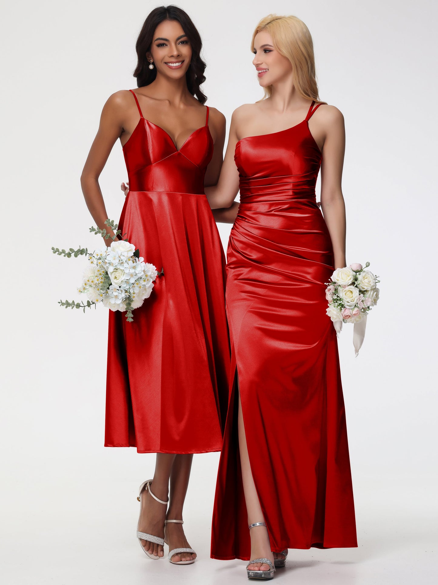 Red Bridesmaid Dresses Girls Stretch Satin Simple A Line Spaghetti Straps Tea Length Bridesmaid Dress