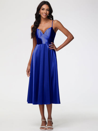 Royal Blue Bridesmaids Dress Stretch Satin Simple A Line Spaghetti Straps Tea Length Bridesmaid Dress
