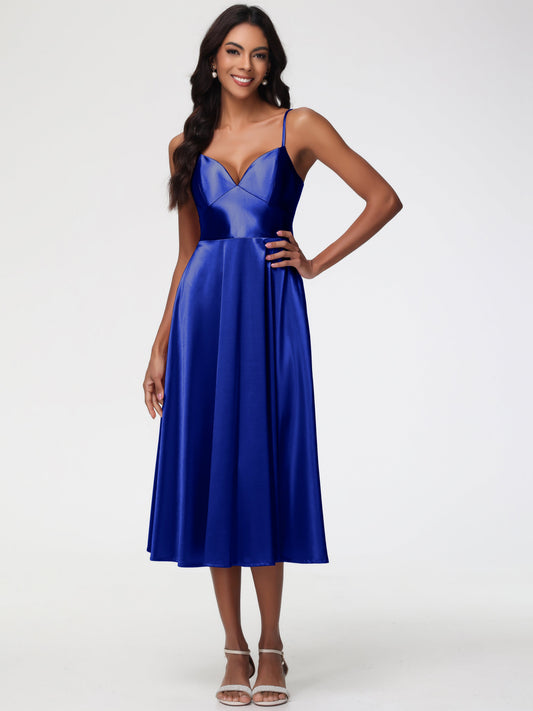 Royal Blue Bridesmaids Dress Stretch Satin Simple A Line Spaghetti Straps Tea Length Bridesmaid Dress