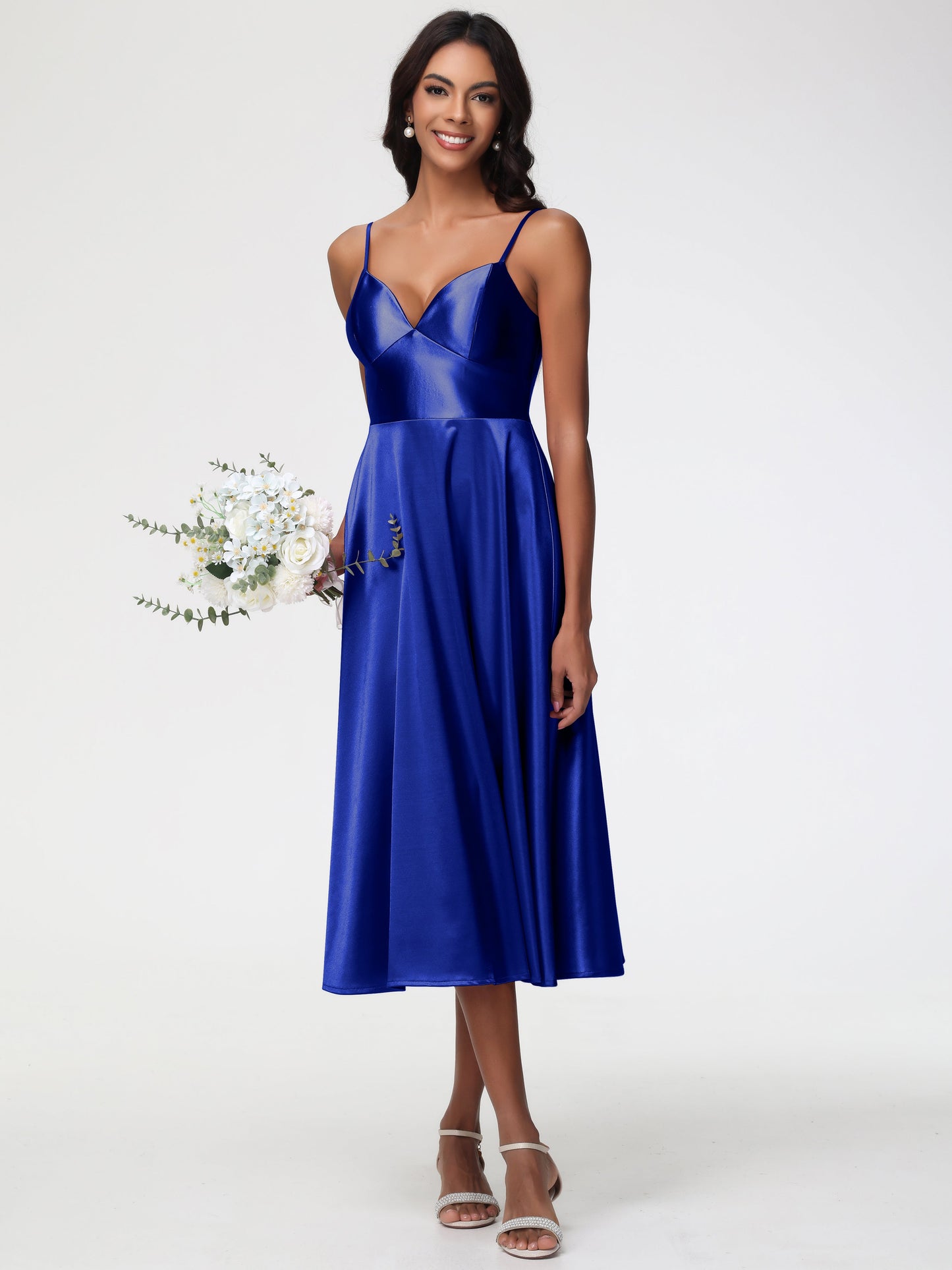 Royal Blue Bridesmaids Dress Stretch Satin Simple A Line Spaghetti Straps Tea Length Bridesmaid Dress