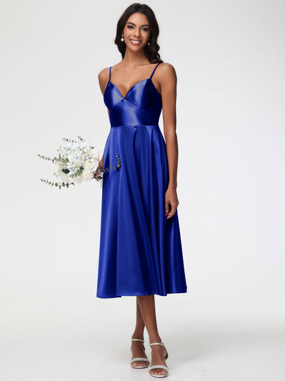 Royal Blue Bridesmaids Dress Stretch Satin Simple A Line Spaghetti Straps Tea Length Bridesmaid Dress